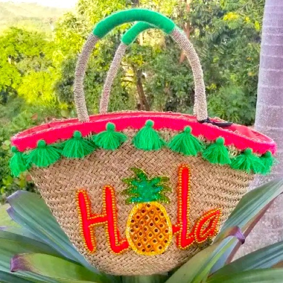 Nu Shuz Key West Handbags - HOLA Tropical Pineapple Pom Pom Fringe Woven Straw Shoulder Tote Beach Bag